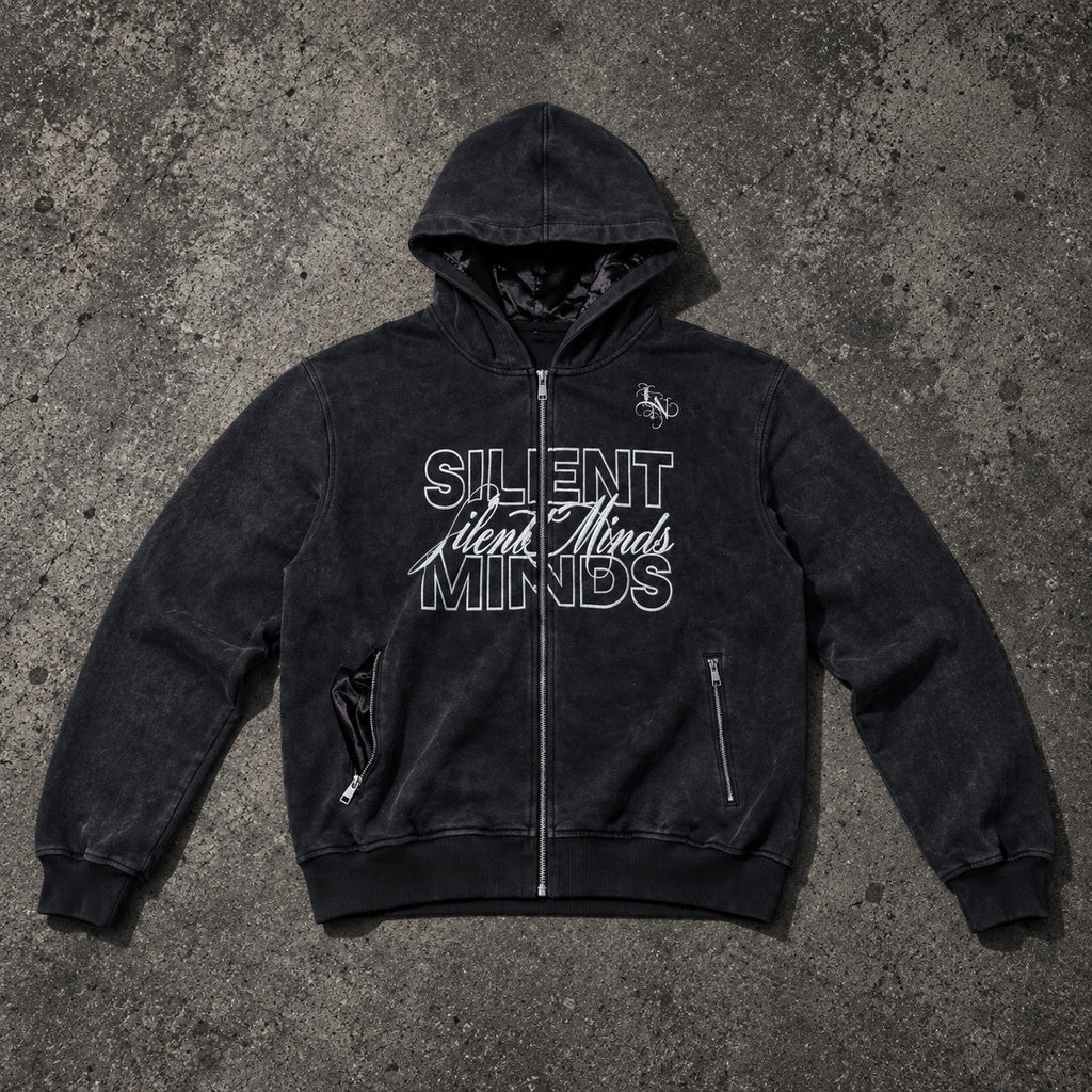 SILENT MINDS SATIN-LINED FULL-ZIP HOODIE — VINTAGE BLACK