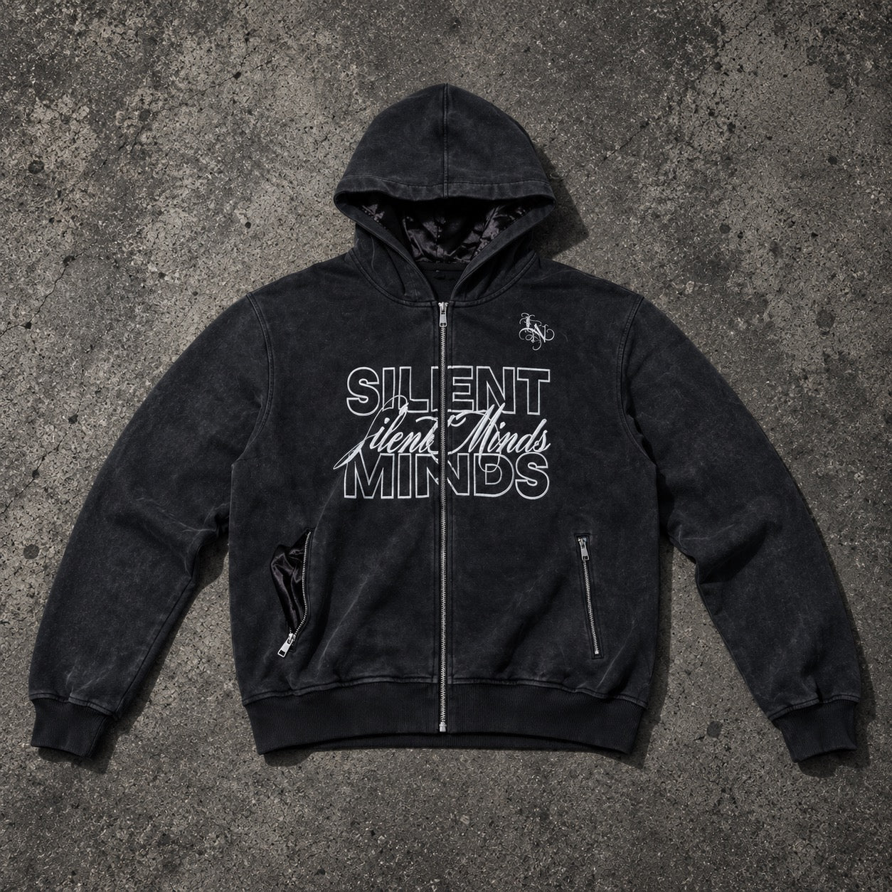 SILENT MINDS SATIN-LINED FULL-ZIP HOODIE — VINTAGE BLACK