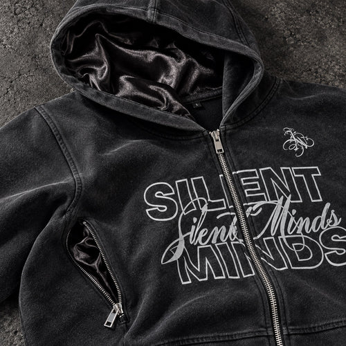 SILENT MINDS SATIN-LINED FULL-ZIP HOODIE — VINTAGE BLACK